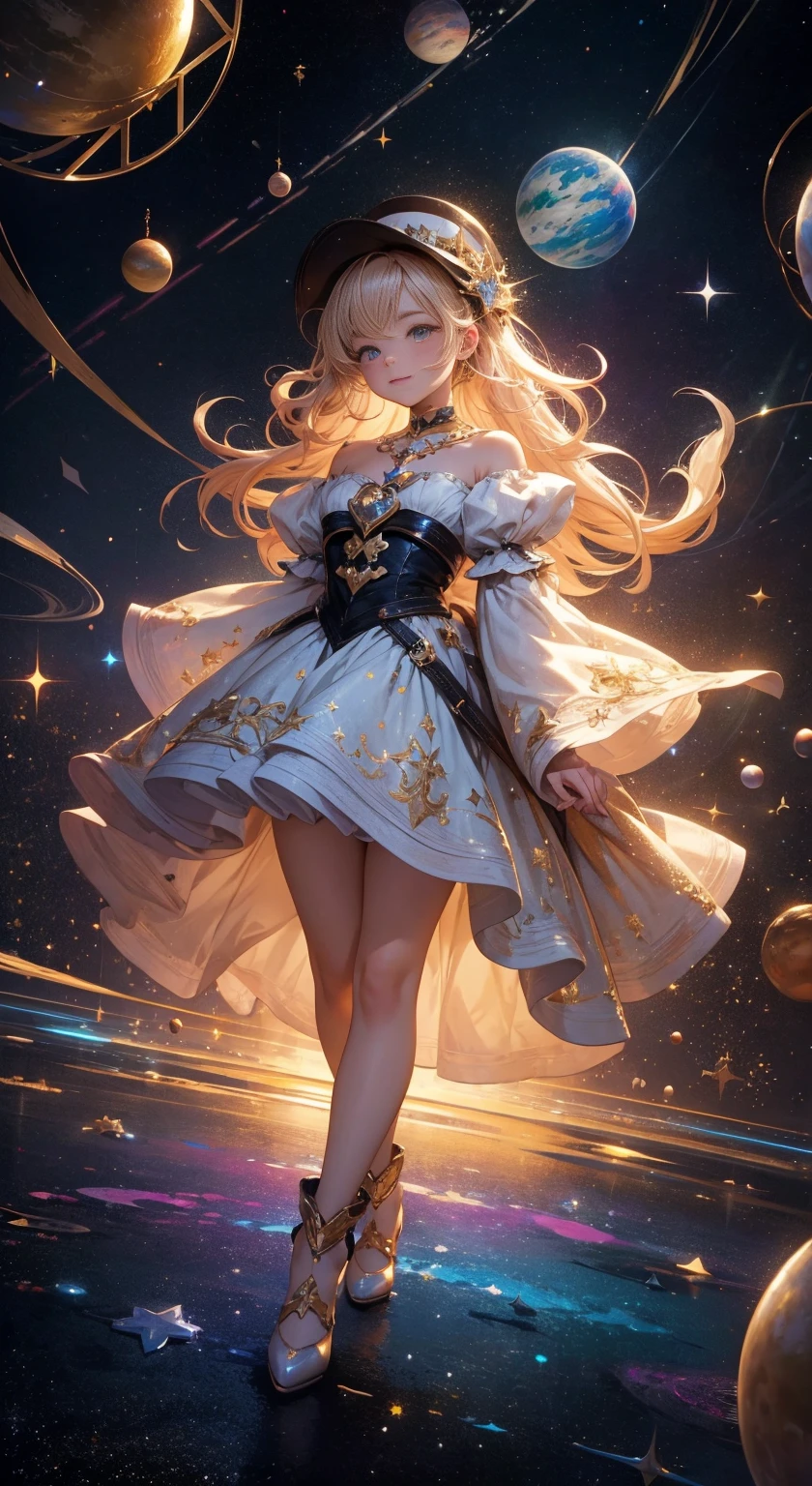 Masterpiece designs by the world's top AI artists, top-quality, 8K, High image quality, 、From diagonally above、Push up the heart-shaped diamond held in one hand、(Paint splashes),Colorful ,Glow Color,lamplight,beautiful a girl,(full body Esbian),Look at the camera、Immaculate costume,Sleeves glow,large round eyes,detaileds、cute little,Light in the eyes、embrace the earth with both hands、the universe expands infinitely,I don'I don'I don'I don'I don'I don'I don'I don'I don'I don'I don'I don'I don'I don't even have time to breathe、A treasure trove of possibilities、Interdimensional space、detail precision cyber city、glitter spark、The background is planets and stars