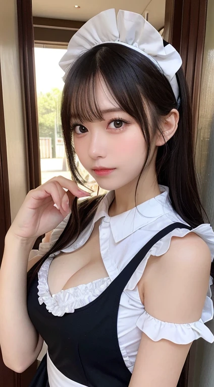 masutepiece, Best Quality, Illustration, Ultra-detailed, finely detail, hight resolution, 8K Wallpaper, Perfect dynamic composition, Beautiful detailed eyes, Natural Lip, Wearing a cute maid café costume, Big breasts holding paper in hand Full body, Random sexy poses,Kitten Pose。