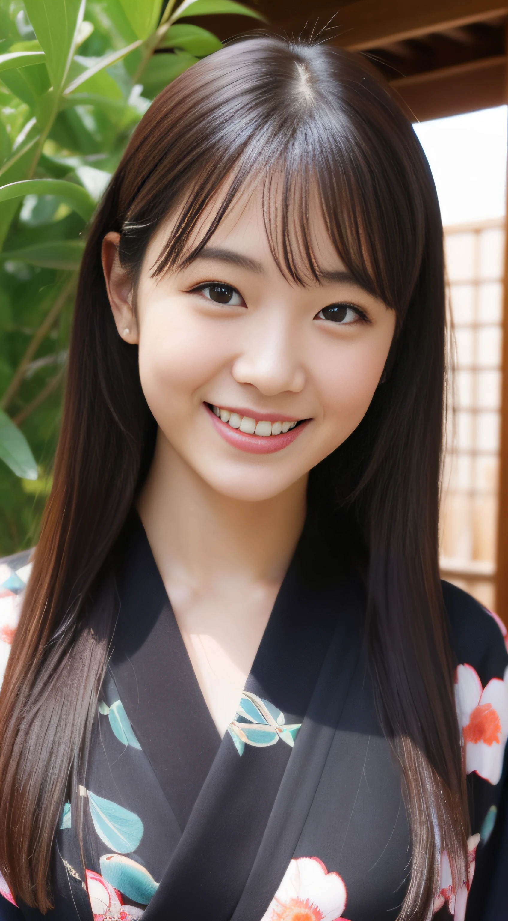 The sharp face of the hostess、Floral Japan Kimono、hiquality、A hyper-realistic、healthy、Smiling expression、Slender perfect figure、Japan beauties、 perfect eyes beautiful skin、The upper part of the body、shrines