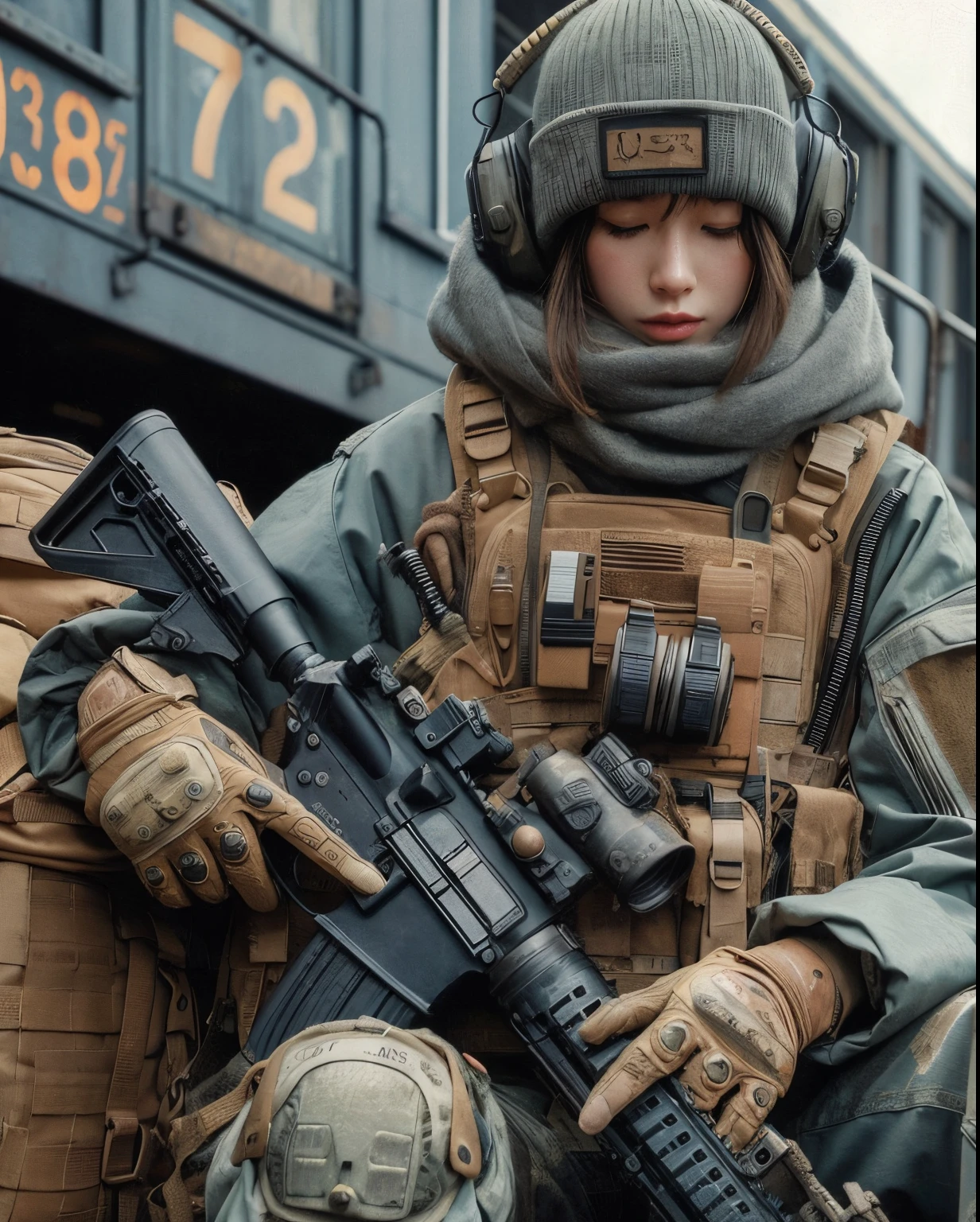 Photorealsitic、realistic skin textures、automatic rifle