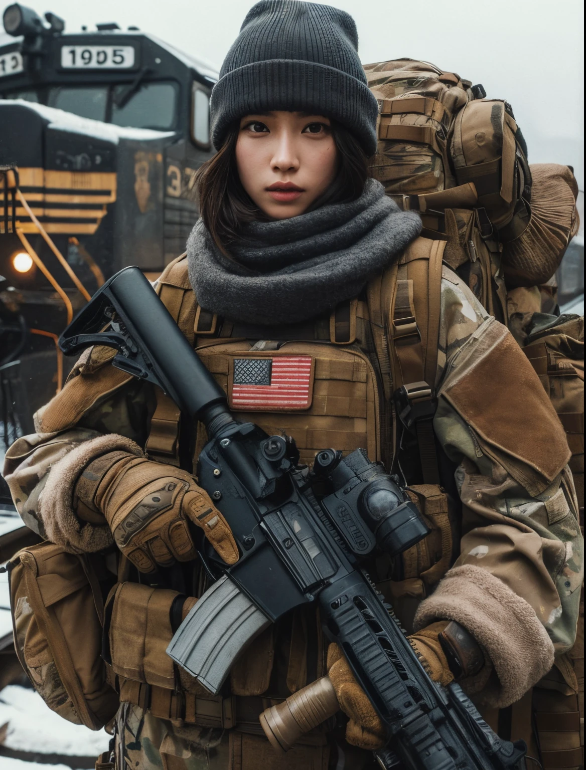 Photorealsitic、realistic skin textures、automatic rifle