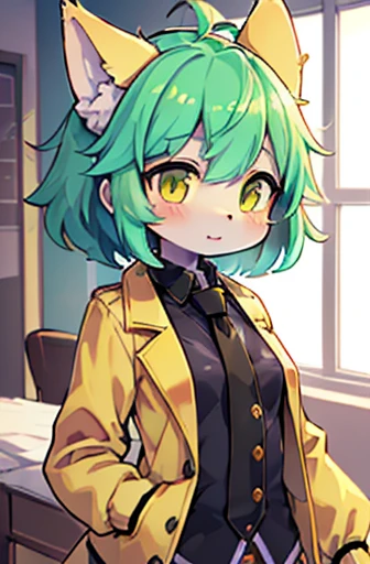 beautiful (wolf girl), (small breasts), ((detailed features)), ((detailed fingers, precise fingers,)) (((not unnatural hands))), natural pose, illustration, vibrant colours, apartment interior, 1 girl, solo, ((mint green coloured poofy hair)), flower hair ornament, beautiful (glowing) yellow eyes, (wearing a white jacket with golden trims and detailing), (((black button up))), ((golden necktie))