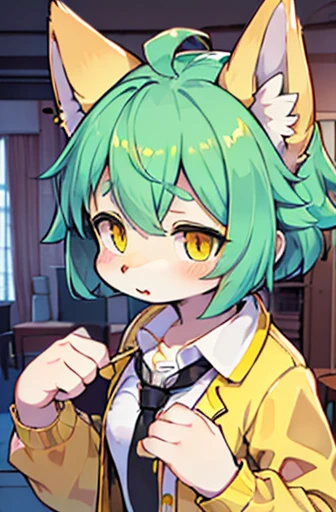 beautiful (wolf girl), (small breasts), ((detailed features)), ((detailed fingers, precise fingers,)) (((not unnatural hands))), natural pose, illustration, vibrant colours, apartment interior, 1 girl, solo, ((mint green coloured poofy hair)), flower hair ornament, beautiful (glowing) yellow eyes, (wearing a white jacket with golden trims and detailing), (((black button up))), ((golden necktie))