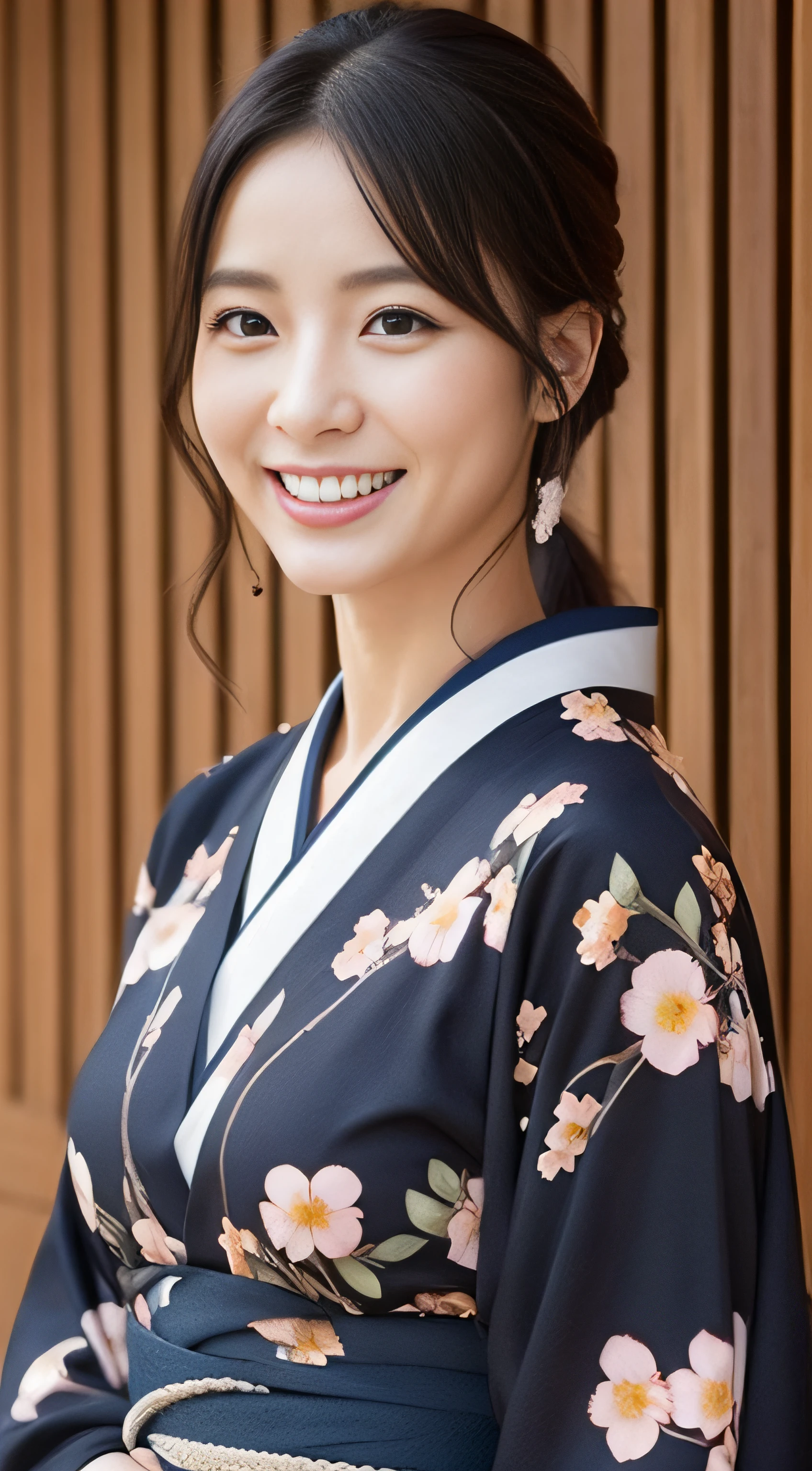 The sharp face of the hostess、Floral Japan Kimono、hiquality、A hyper-realistic、healthy、Smiling expression、Slender perfect figure、Japan beauties、 perfect eyes beautiful skin、The upper part of the body、shrines