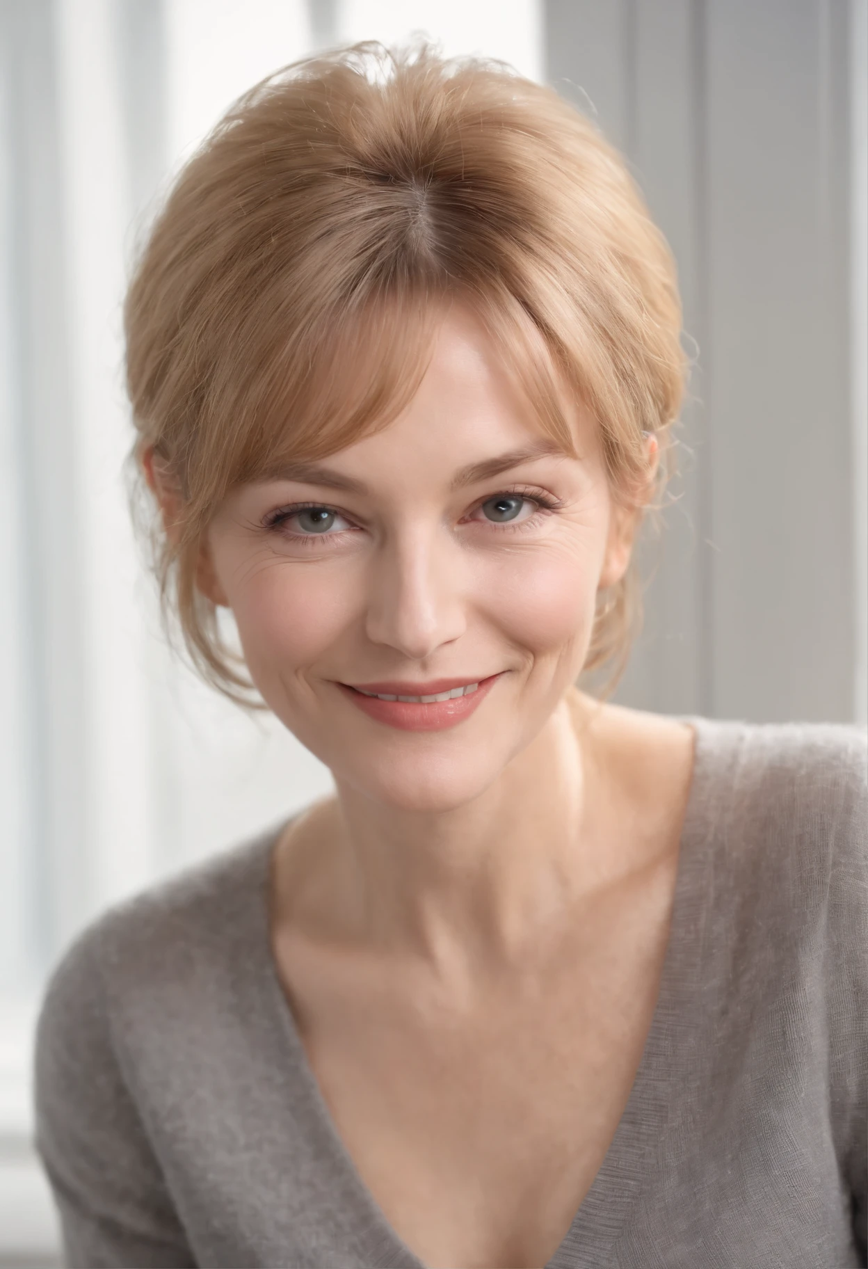 1Fille 60 ans, chin length bobbed hair with square bangs, golden blonde hair, aging slightly overweight Louise Lasser lookalike, clear and distinct wrinkles and age spots and other signs of aging on her face and neck and eyes, small breasts, Regarder camera, dark blue eyes, Joaillerie, corps entier, entier, Collier, Schulterfrei, chandail, minora, ultra-Realistic, nez, Rue de nuit, happy smile, large extra white cosmetic teeth, 1/2 length photo from the waist up, tiny snug fitting baby cardigan sweater over a scoop neck white t-shirt, tight gray flannel hip hugger pants, f/5.6, empty office space converted to photo studio is out of focus in the distant background with dramatic 2 light down spot light effect of light and shadow on the walls and floor, old office sashed windows visible and out of focus in the background,