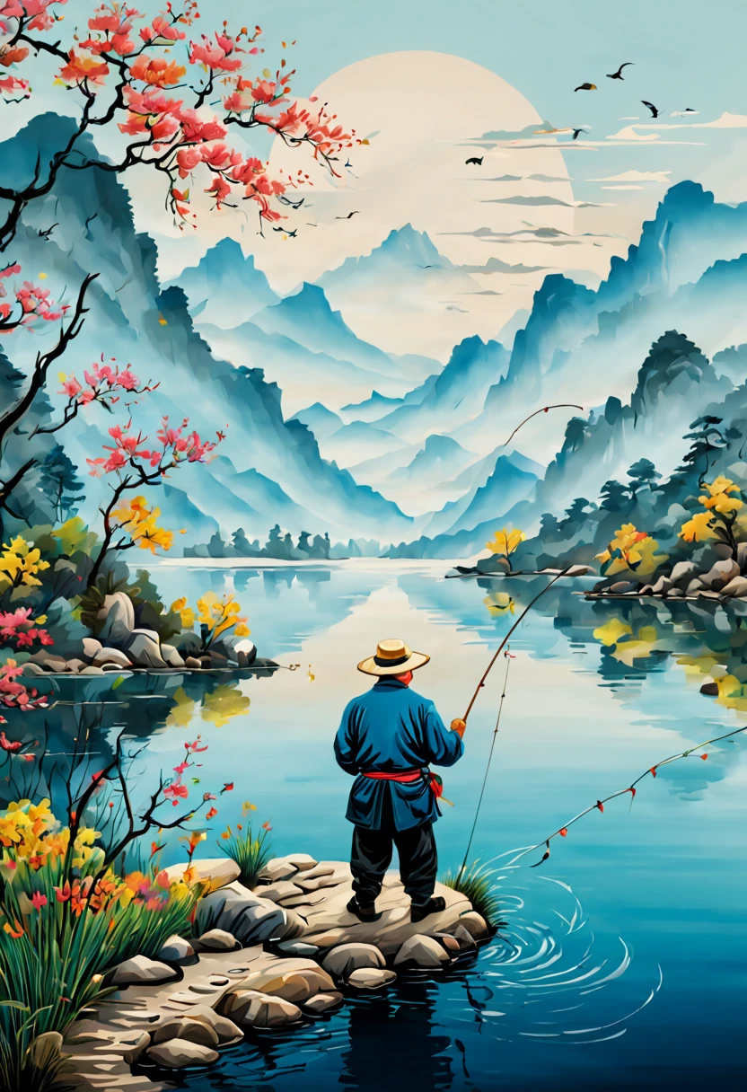 (embroidery art:1.3), embroidery texture, (Color line, color thread), a old man fishing with hook and line on the center of lake, backview, flat vector art, by Qi Baishi, intricate, (best quality, masterpiece, Representative work, official art, Professional, unity 8k wallpaper:1.3)
