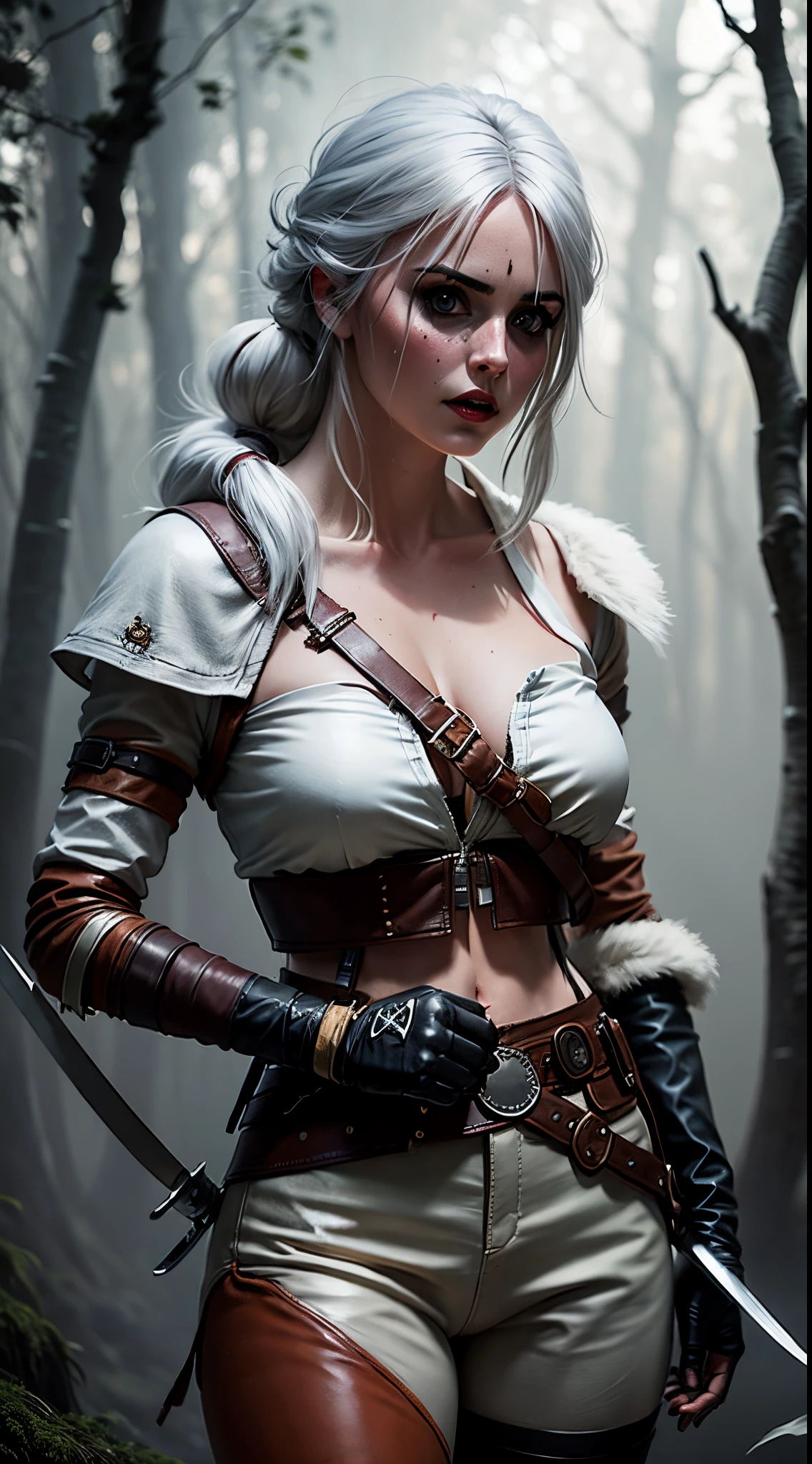 A half body shoot of ciri wearing a white top and a leather pants holding a sword in front of a dusty forest background in the style of Th3W1tch3r