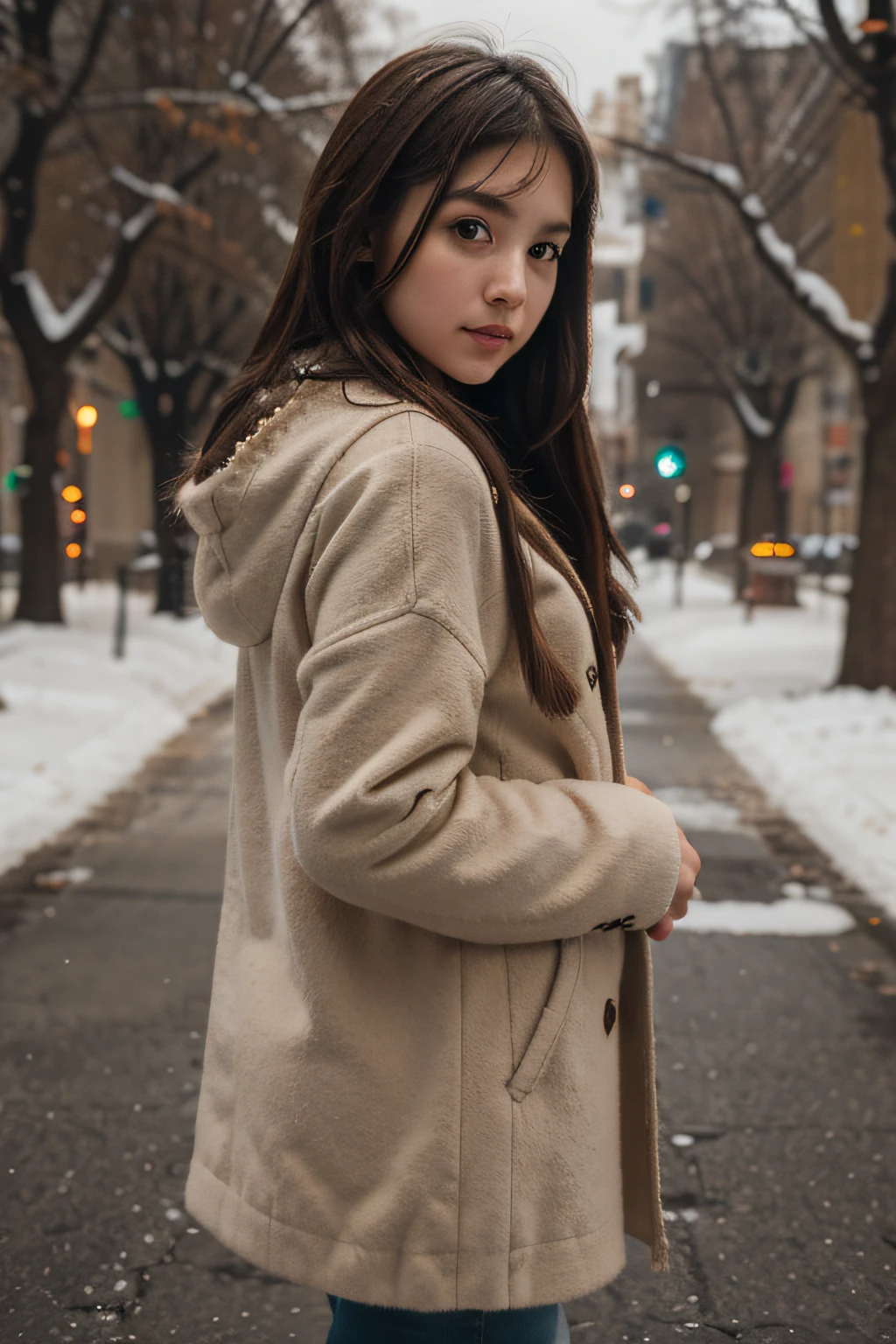 Hal korean half american cute girl in winter clothes photoshoot, brunette hair, portrait photo with hands behind the back