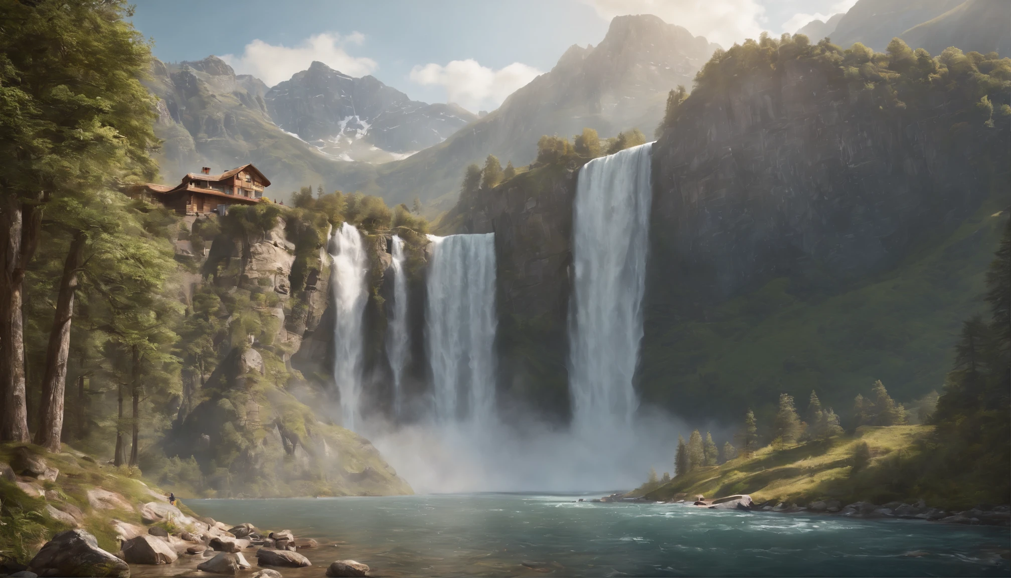 painting of a waterfall in a mountainous area with a house on the top, vertical wallpaper, 4 k vertical wallpaper, 4k vertical wallpaper, 8 k vertical wallpaper, 8k vertical wallpaper, ross tran. scenic background, beautiful mattepainting, 4 k matte painting, detailed scenery —width 672, beautiful iphone wallpaper, avatar landscape, inspired by Raphael Lacoste
