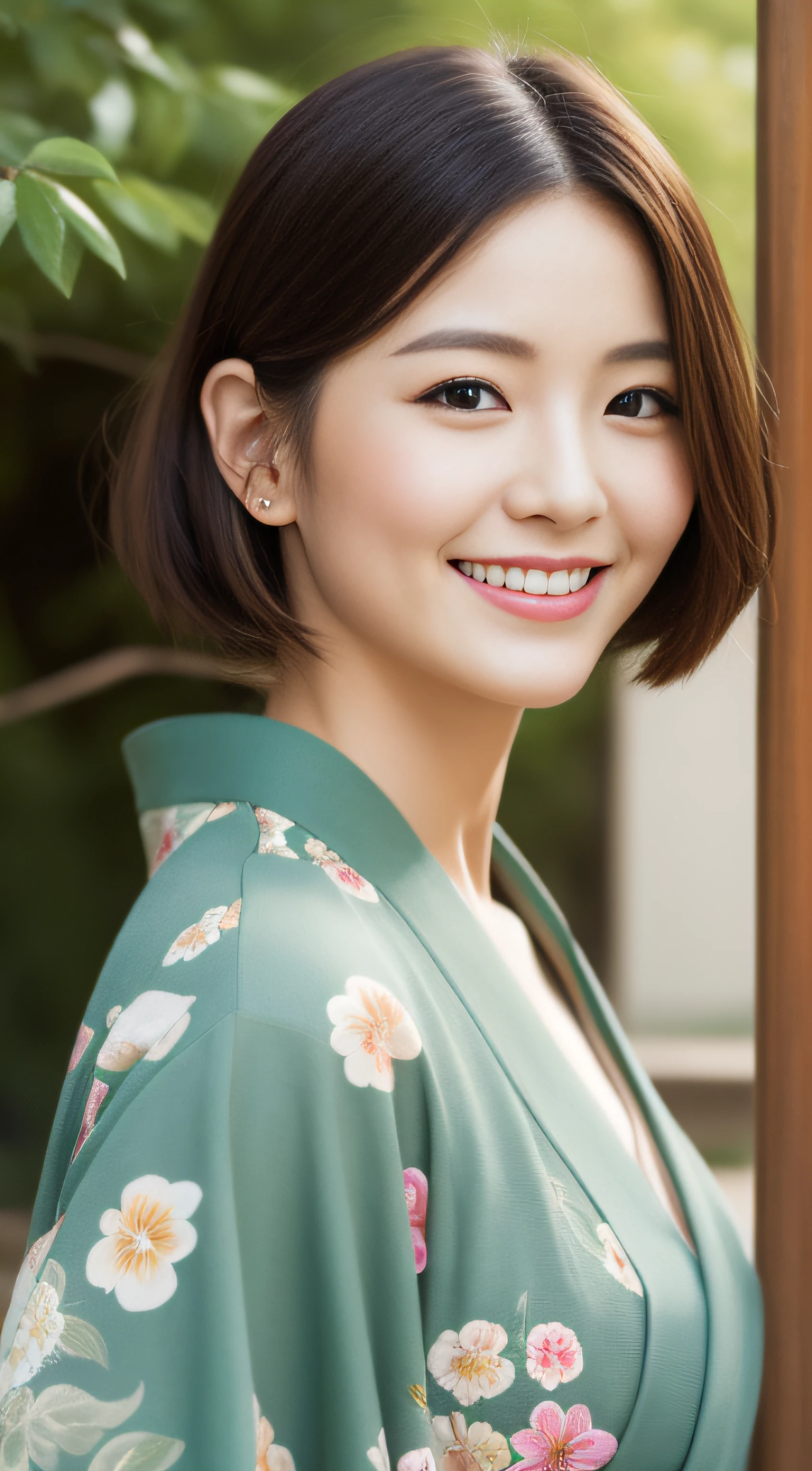 The cheerful face of the landlady、Floral Japan Kimono、hiquality、A hyper-realistic、healthy、Smiling expression、Slender perfect figure、Japan beauties、 perfect eyes beautiful skin、The upper part of the body、shrines