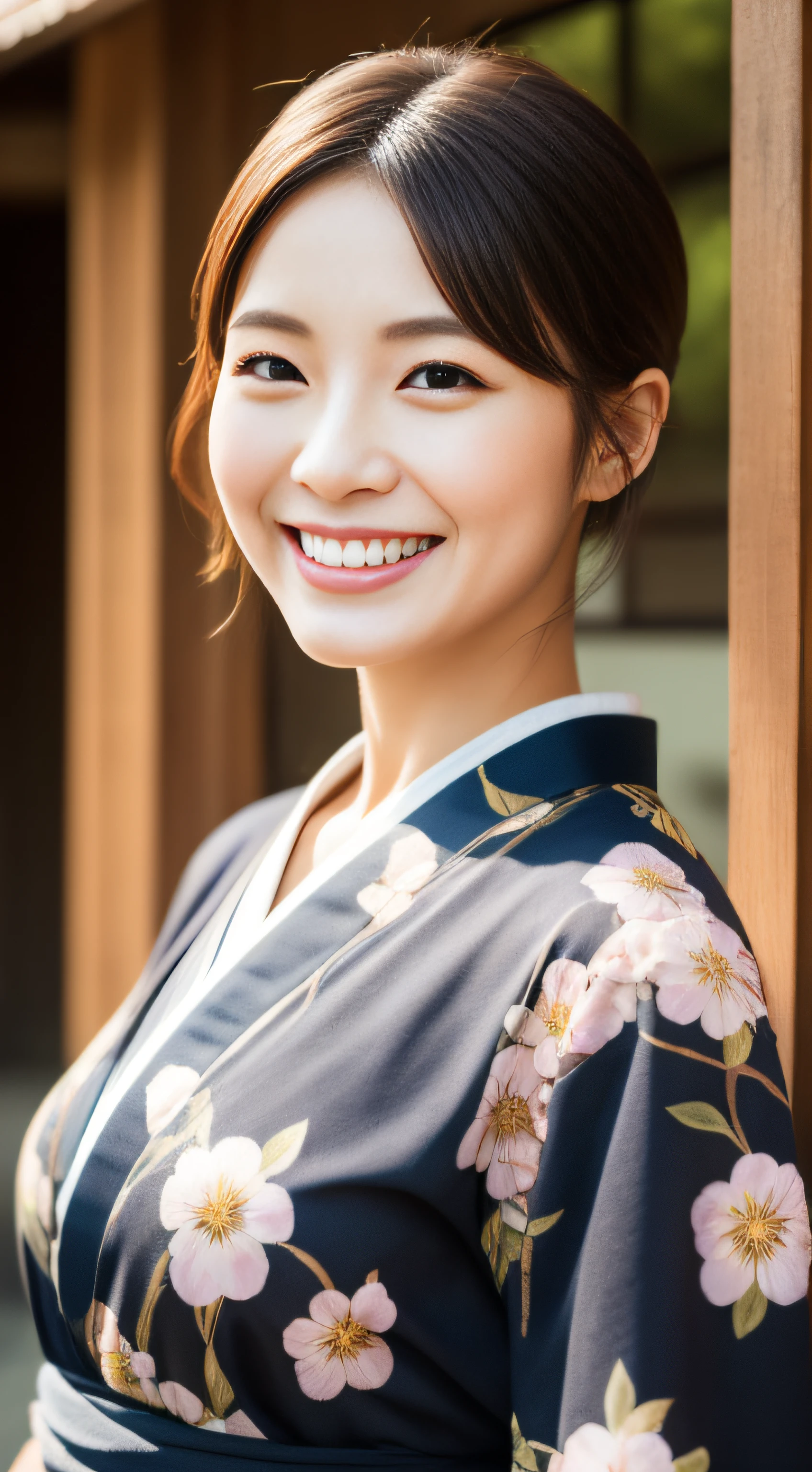 The cheerful face of the landlady、Floral Japan Kimono、hiquality、A hyper-realistic、healthy、Smiling expression、Slender perfect figure、Japan beauties、 perfect eyes beautiful skin、The upper part of the body、shrines