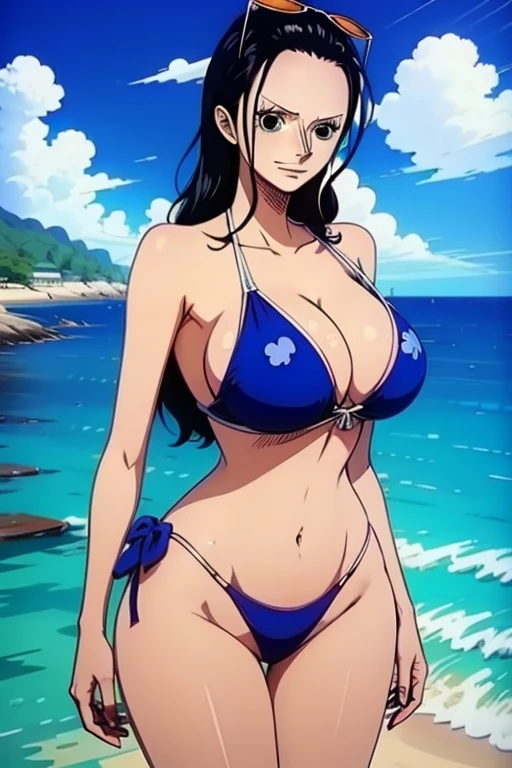 Robin de One Piece, sexy pose, blue bikini, 8k, Anime, plage, gros boob, gros cul, look sexy, blue eyes, blushing