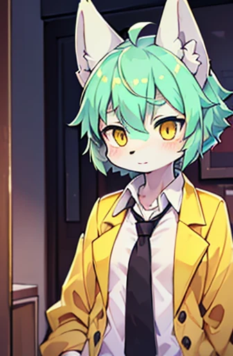 beautiful (wolf girl), (small breasts), vibrant colours, apartment interior, ((mint green short fluffy hair)), (glowing) yellow eyes, (wearing a golden jacket with trims and detailing), ((black button up shirt)), ((gold necktie))