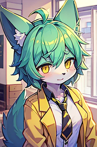 beautiful (wolf girl), (small breasts), vibrant colours, apartment interior, ((mint green short fluffy hair)), (glowing) yellow eyes, (wearing a golden jacket with trims and detailing), ((black button up shirt)), ((gold necktie))