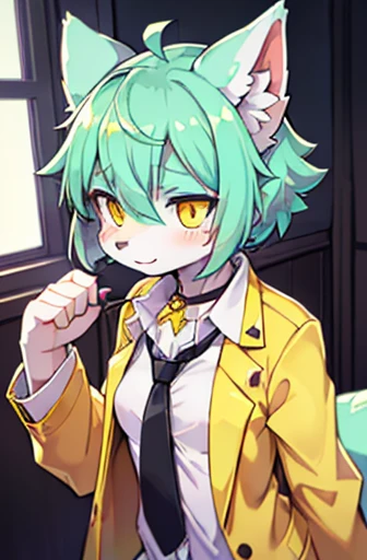 beautiful (wolf girl), (small breasts), vibrant colours, apartment interior, ((mint green short fluffy hair)), (glowing) yellow eyes, (wearing a golden jacket with trims and detailing), ((black button up shirt)), ((gold necktie))