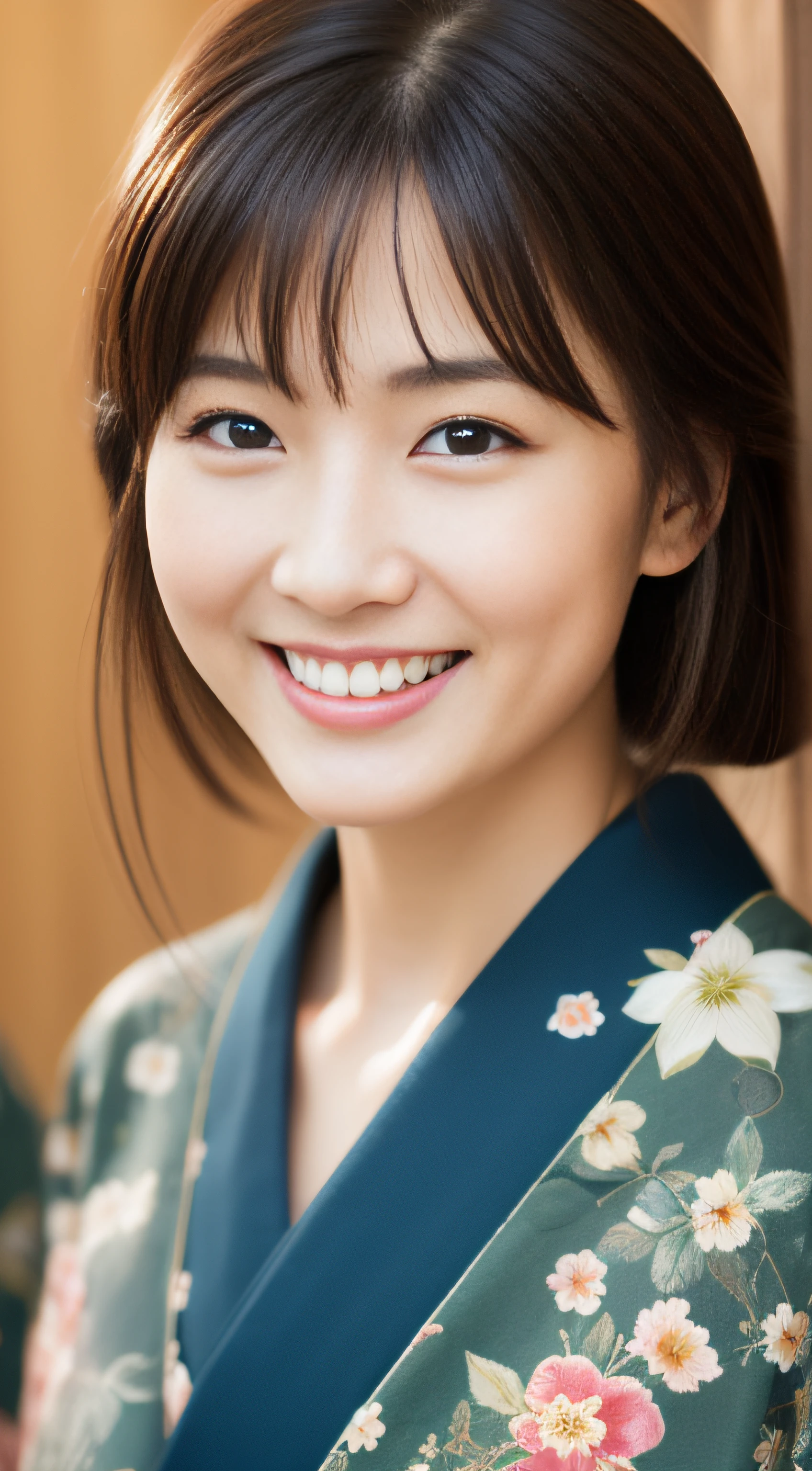 The cheerful face of the landlady、Floral Japan Kimono、hiquality、A hyper-realistic、healthy、Smiling expression、Slender perfect figure、Japan beauties、 perfect eyes beautiful skin、The upper part of the body、shrines
