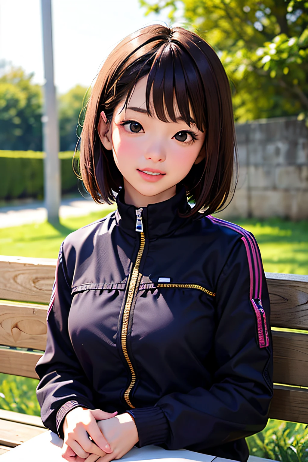 masterpiece, best quality, 1girl, solo, K-NANAMI, ((20yo, japanese face, japanese Actress)), short hair, black hair, black eyes, blue jacket, black gym-wear, (No expression), sitting, outdoors, sitting on a bench, ((upper body, face focus, face close-up)), smile, teeth,