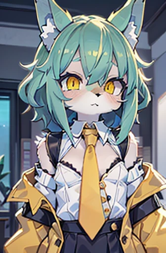 beautiful (wolf girl), (small breasts), vibrant colours, apartment interior, ((mint green short fluffy hair)), (glowing) yellow eyes, (wearing a golden jacket with trims and detailing), ((black button up shirt)), ((gold necktie))