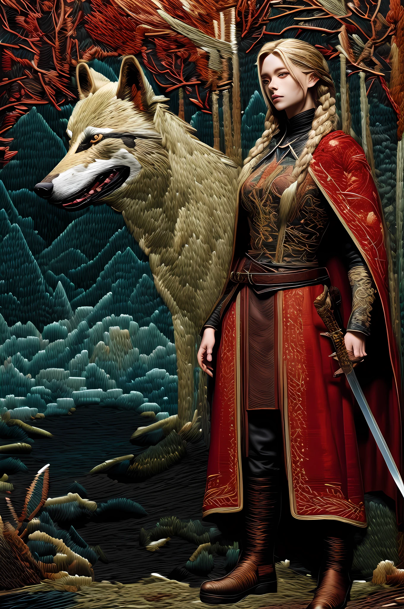 (embroidery artwork: 1.5), punch needle embroidery, masterwork art, ultra wide shot, RAW, a picture of female human ranger and her wolf pet, the ranger, an exquisite beautiful human woman, long blond hair, braided hair, green eyes, wearing leather armor, wearing (red cloak: 1.1), armed with a (sword: 1.3), wearing laced boots, standing in a dark forest at night, (mist rising from the grounds: 1.3), a sense of dread and fear, yet she stands defiant and fearless, her wolf pet stands near her, protecting her, dark fantasy forest background, best quality, 16k, [ultra detailed], masterpiece, best quality, (ultra detailed), full body, ultra wide shot,