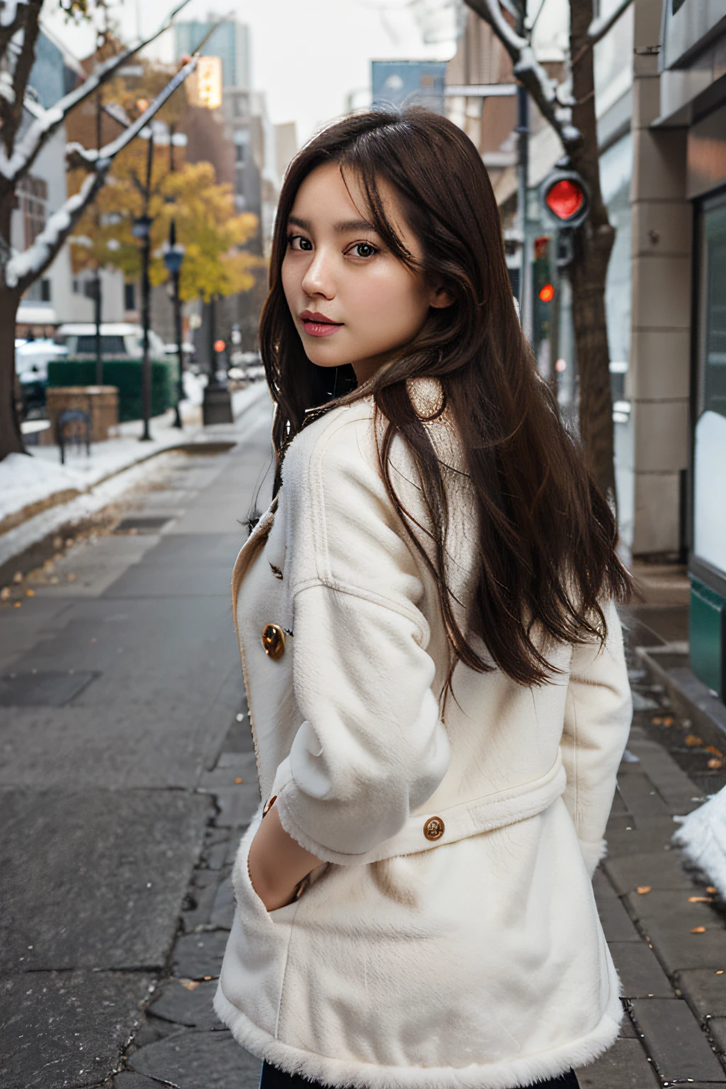 Half korean half american beatiful girl in winter clothes photoshoot, brunette hair, portrait photo with hands behind the back