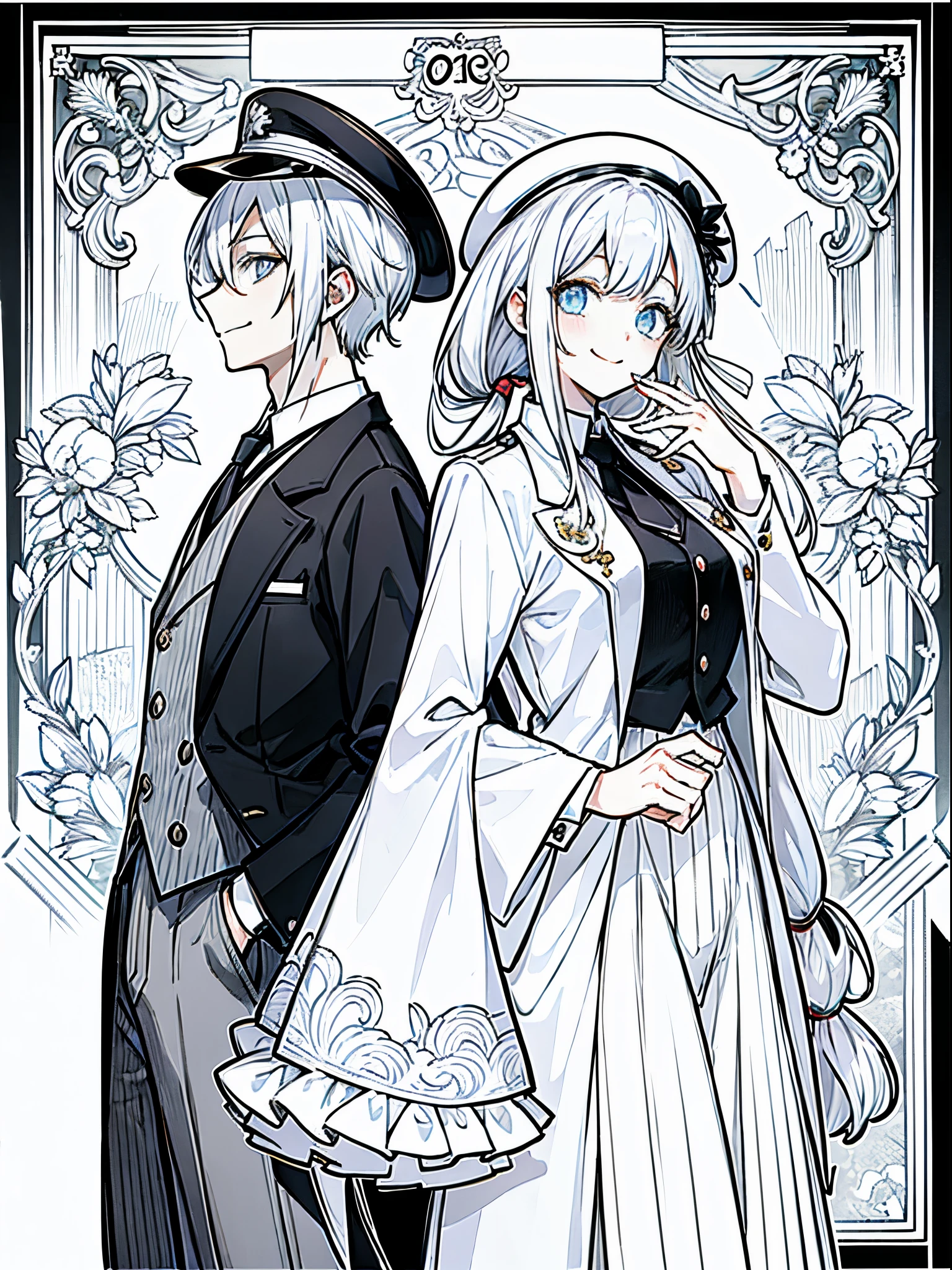 (masutepiece)(high-detail)Men and women in their 20s、One、white hair、poneyTail、tailcoat、neck tie、Hats、Smile