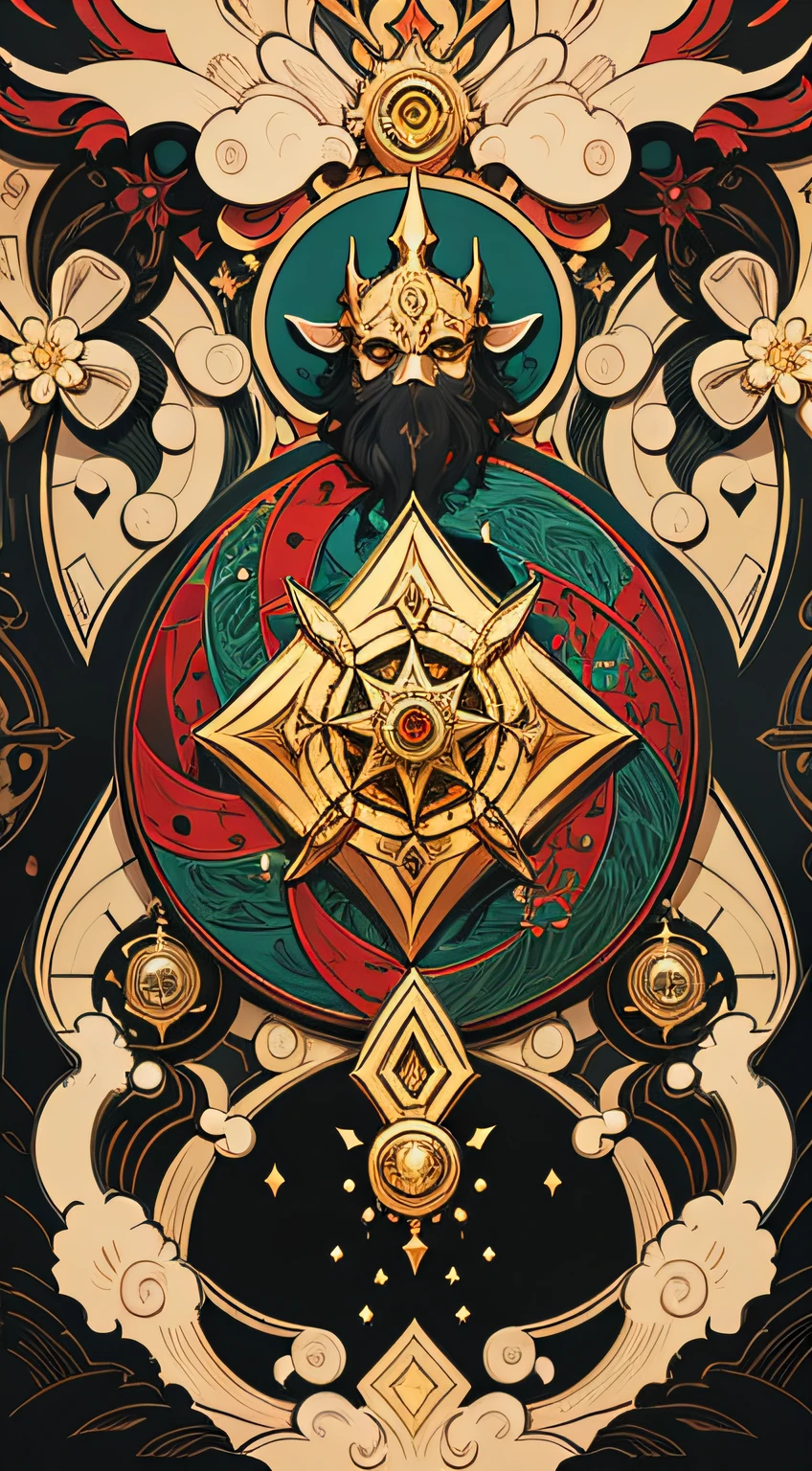 official art, 8k unit wallpaper, ultra detailed, beautiful and aesthetic, high quality, beautiful, masterpiece, best quality (zentangle, mandala, tangle: 0.6), symmetrical, mandala with Loki symbols, Trickery Domain, (Faerun Mask: 1.0), symbolizing daggers, shadows, mists, gold coins, thievery, symmetrical, fibonacciplementary color: black, green, red), iconographic rpg