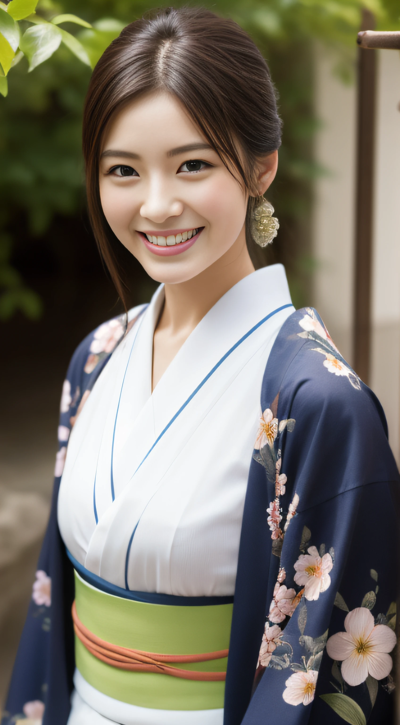 The cheerful face of the landlady、Floral Japan Kimono、hiquality、A hyper-realistic、healthy、Smiling expression、Slender perfect figure、Japan beauties、 perfect eyes beautiful skin、The upper part of the body、shrines