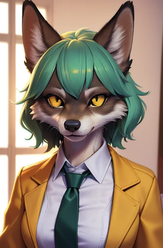 (best quality,4k,8k,highres,masterpiece:1.2),ultra-detailed,(realistic,photorealistic,photo-realistic:1.37), vivid colors, portraits, wolf girl, small breasts, vibrant colours, apartment interior, mint green short fluffy hair, glowing yellow eyes, golden jacket, black suit shirt, gold necktie