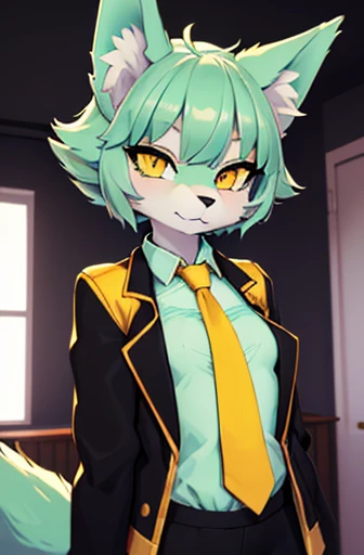 beautiful (wolf girl), (small breasts), vibrant colours, apartment interior, ((mint green short fluffy hair)), (glowing) yellow eyes, (golden jacket), ((black suit shirt)), ((gold necktie))