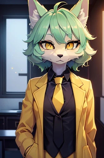 beautiful (wolf girl), (small breasts), vibrant colours, apartment interior, ((mint green short fluffy hair)), (glowing) yellow eyes, (golden jacket), ((black suit shirt)), ((gold necktie))