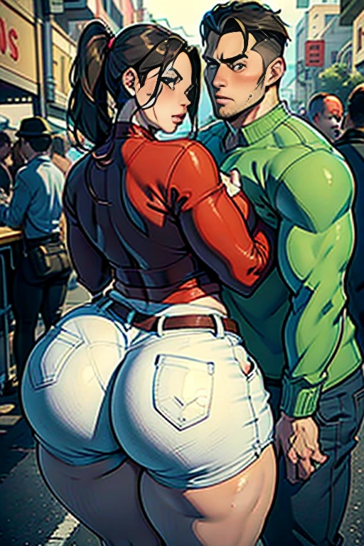 Best quality, two people, one man and one woman, man standing behind woman, woman voluptuous with big hips and muscular thighs and a giant ass, she wearing a sexy dress, man muscular, he's grabbing and groping her big juicy ass, POV from the side, view from side