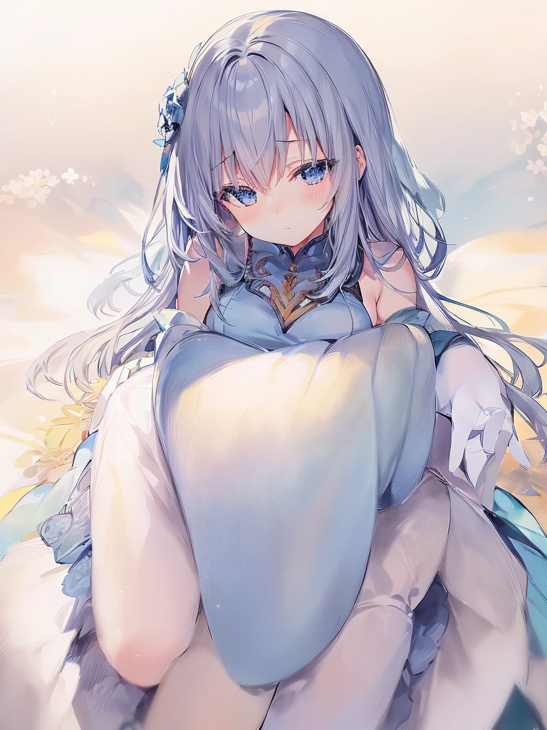 anime girl with blue eyes and a silver dress standing in front of a floral background, anime style 4 k, beautiful anime artwork, beautiful anime portrait, clean detailed anime art, detailed portrait of anime girl, anime styled digital art, shikishi, young anime girl, soft anime illustration, anime style artwork, pixiv style, portrait anime girl, beautiful anime girl