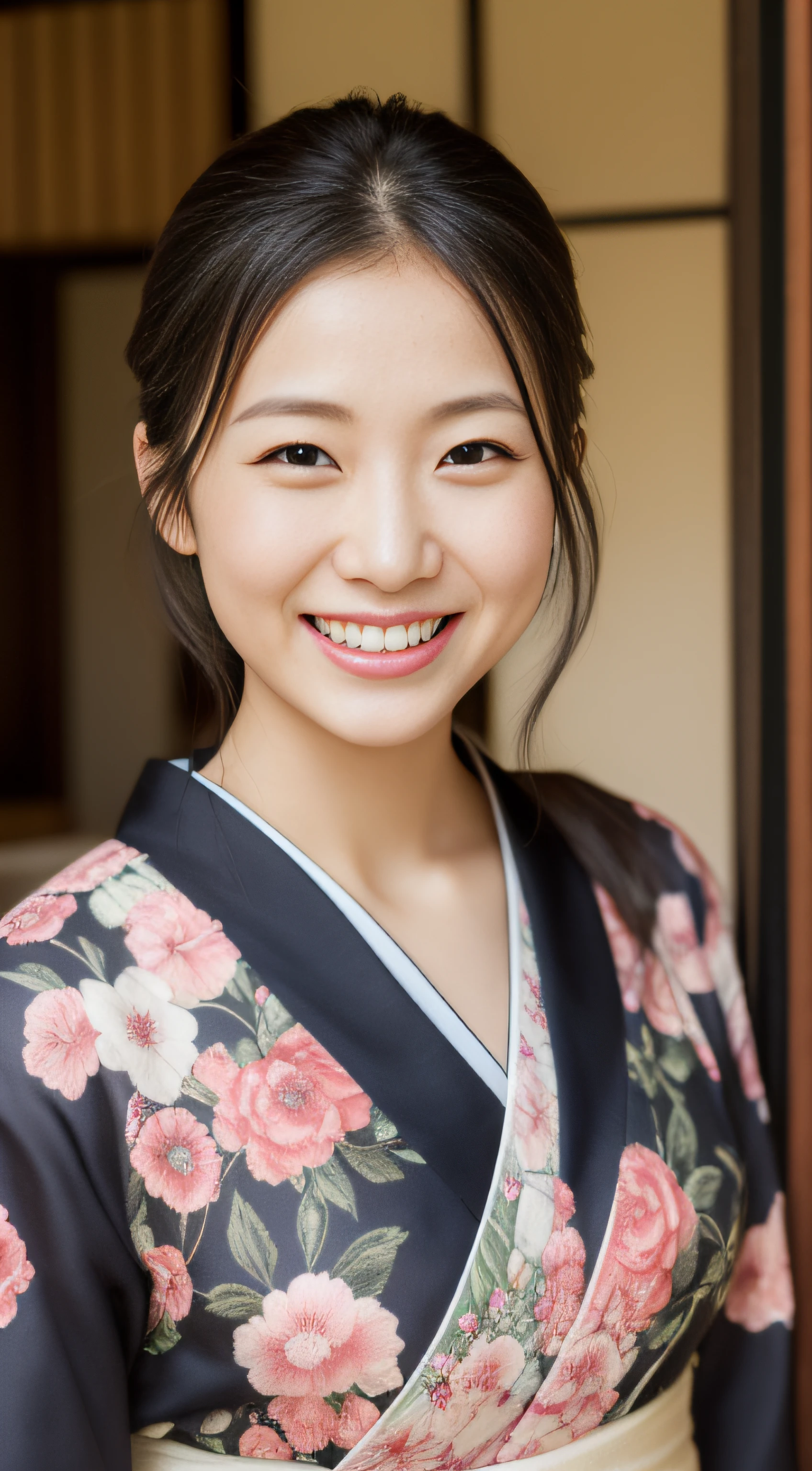 The cheerful face of the landlady、Floral Japan Kimono、hiquality、A hyper-realistic、healthy、Smiling expression、Slender perfect figure、Japan beauties、 perfect eyes beautiful skin、The upper part of the body、shrines