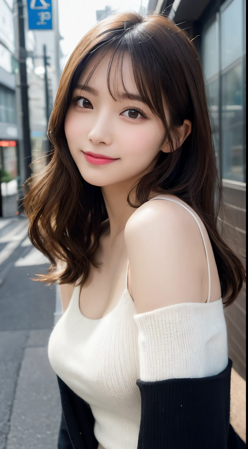 masutepiece, Best Quality, Illustration, Ultra-detailed, finely detail, hight resolution, 8K Wallpaper, Perfect dynamic composition, Beautiful detailed eyes, Tokyo winter fashion,Medium Hair,small tits,Natural Color Lip, Bold sexy poses,Smile,TOKYOcty、20 years girl、Cute、Sexy look looking at the camera,disheveled hair