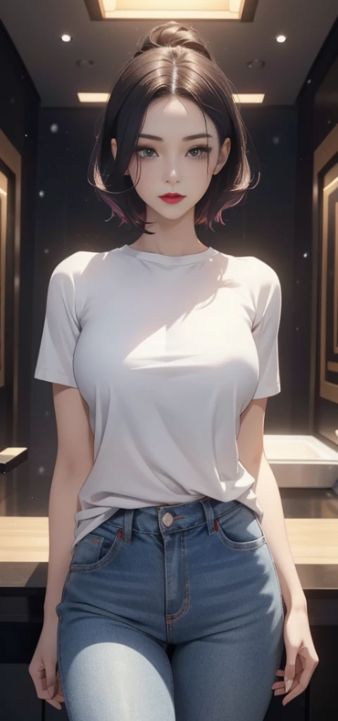 character 1Female, 35 years old, plumb, medium breast, solo, (Background with: Huge spaceship) She has short purple hair, seen from the front, Stand in a spaceship, mostly cloudy sky, (masterpiece), (Very detailed, CG , 8k, wallpaper), best quality, cinematic lighting, detailed background, beautiful detailed eyes, Bright pupils, Snow white skin, Red lip(Very thin and beautiful), (Beautiful and detailed eye description), Ultra - Detailed , masterpiece, ))facing the camera, A high resolution, Ultra - Detailed), bulge, Desire for dissatisfaction, Facade, (Wearing:, white t-shirt, jeans)