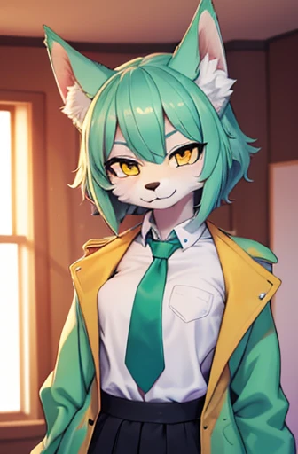 beautiful (wolf girl), (small breasts), vibrant colours, apartment interior, ((mint green short fluffy hair)), (glowing) yellow eyes, (golden jacket), ((black suit shirt)), ((gold necktie)), fully clothed