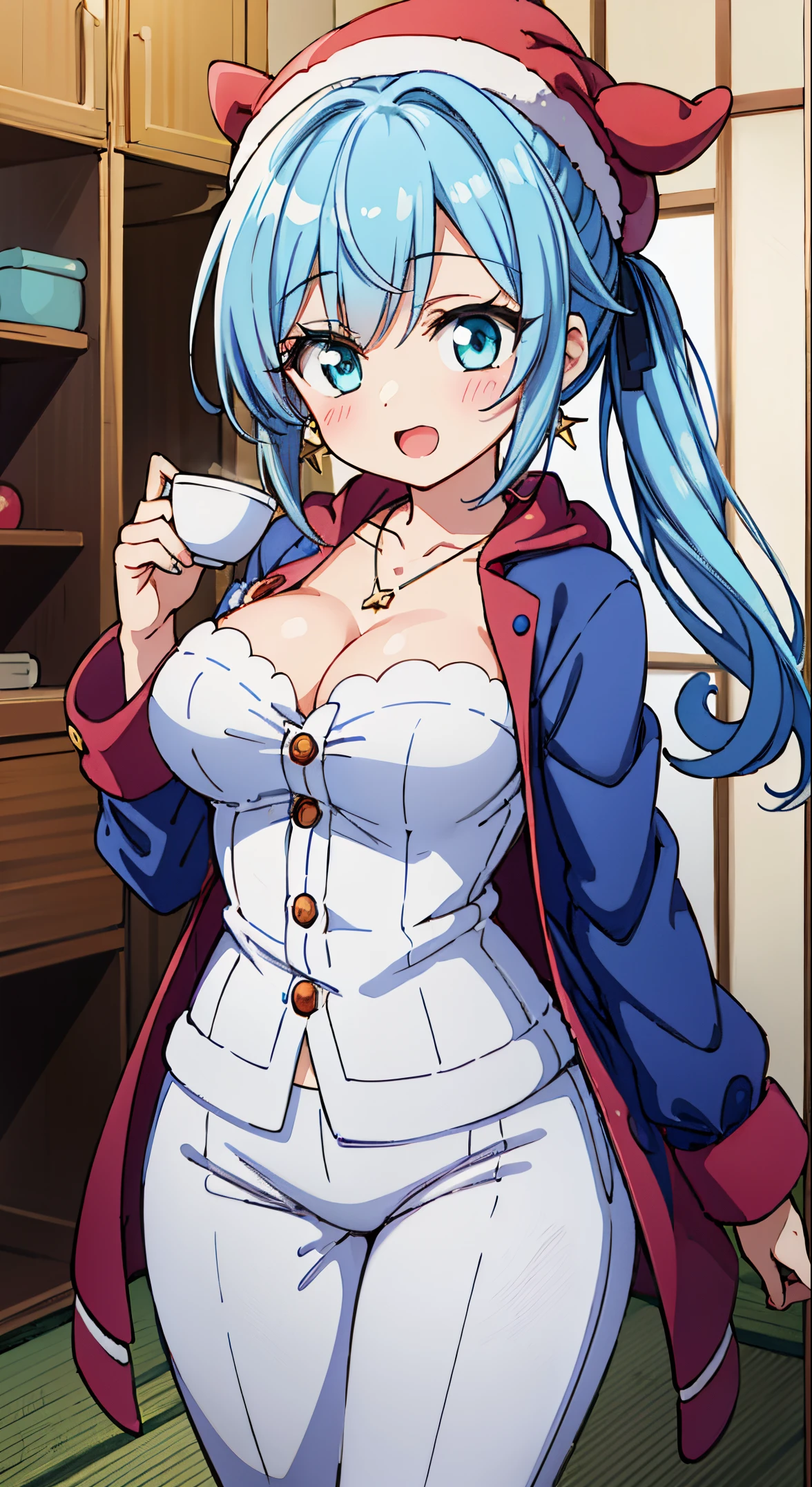 (masutepiece, Transparent air, Transparent eyes,Best Quality, Perfect Anatomy, High quality:1.4), absurderes, absolutely resolution, unbelievable Ridiculous, hight resolution, ultra-detailliert, Official art, Unity 8k壁纸, Kinetic typography,nice hand, Perfect hands, Detailed beautiful hands, Large_filesize, fulcolor, hight resolution, symmetric, exceptional, Best aesthetic, newest, Anime, very beautiful detailed body,The hair,faces,The eye, BREAK, ( girl),1 person,Solo,(Cute:1.5),(Chibi:0.6),(kawaii:1.5),(Lori:0.5),(17 years olddetailed,colourfull,highest details,Clear skin,Beautiful skin,Shy,Very detailed,colourfull,highest details,Clear skin,Beautiful skin,Shy skin,1 beautiful girl,{Heterochromia,pale blue eyes,pale green eyes:1.5},star eye silhouette, BREAK,(pale blue hair, Medium length:1.4),(Side Ponytail,A little curly hair,Single-sided twisted blade,Princess Cut:1.3),(cleavage of the breast,Large breasts,Beautiful , gleaming skin,Clear skin, Beautiful skin,(best quality face),(Top quality glowing eyes), (The best smile,Doya face:1.45), BREAK Winter Wonderland Pajama Party Look,
A cute fleece pajama set with Christmas characters such as reindeer and penguins...,
Long sleeves and full-length pants to keep you warm on cold nights,
Perfect fit with rolled-up sleeves and pants,
Fuzzy slipper socks in holiday colors and patterns,
Luxurious robe with hood and festive trim for added comfort,
This is a great costume with fuzzy gloves.、Complete your cozy ensemble,
Cute Messy Bun Beanie in festive colors, red or green,
Accessories such as hot cocoa mug-shaped necklaces and earrings,
Minimal makeup with rosy cheeks for a sweet bedtime look,
(upward looking gaze :1.2) ,
Looking Up ,
From above ,depth of fields,
BREAK, BREAK,(morning), inside in room,Closet with futon,A room in a dilapidated apartment,Tatami mats,window,Chabudai,unit bath door,entranceway,scattered diapers,naked girl poster,coke,on back, tusk, Open mouth, Looking away,depth of fields, BREAK,wakame,wakame,wakame,(Cowboy Shot:1.4), BREAK,(Blurry background:1.3),(absurderes, hight resolution, Super Detail Art),cel shading,Clear Color, Lonely optical effect, Beautiful pictures, Bright glow, mystic atmosphere,(Close-up of girl:1.1), Mystical light particle effect,manga influence, clean line drawings,
BREAK,wakame,wakame,wakame,(Cowboy Shot:1.4),
BREAK,(Blurry background:1.3),(absurderes, hight resolution, Super Detail Art),cel shading,Clear Color, Lonely optical effect, Beautiful pictures, Bright glow, mystic atmosphere,(Close-up of girl:1.1), Mystical light particle effect,manga influence, clean line drawings,
