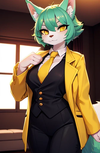 A beautiful wolf girl with vibrant colors stands in an apartment interior. She has mint green short fluffy hair and glowing yellow eyes. She is wearing a golden jacket over a black suit shirt and a gold necktie. The overall atmosphere is filled with vibrant colors and a sense of elegance.