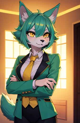 A beautiful wolf girl with vibrant colors stands in an apartment interior. She has mint green short fluffy hair and glowing yellow eyes. She is wearing a golden jacket over a black suit shirt and a gold necktie. The overall atmosphere is filled with vibrant colors and a sense of elegance.