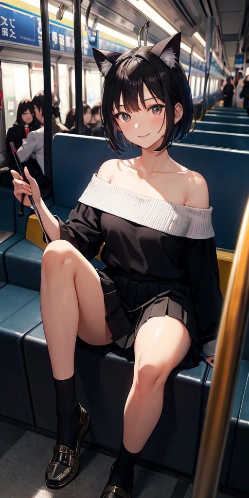 masutepiece, Best Quality, High resolution, Very detailed, Detailed background, 1 girl, gaze at the audience, sitting on the subway, In the train car, poseing, Putting on cat ears, Short hair, White off-the-shoulder dress, Skirt, Transparent, Happy, NSFW