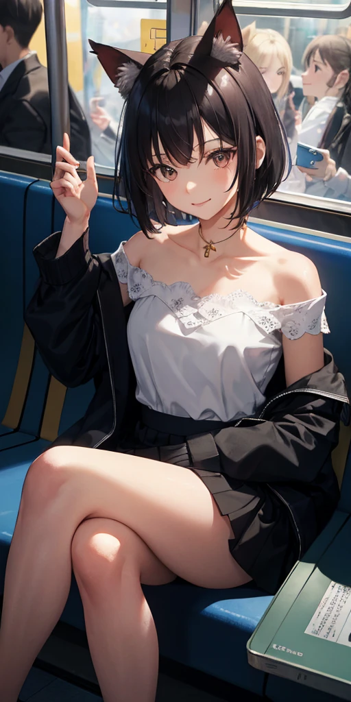 masutepiece, Best Quality, High resolution, Very detailed, Detailed background, 1 girl, gaze at the audience, sitting on the subway, In the train car, poseing, Putting on cat ears, Short hair, White off-the-shoulder dress, Skirt, Transparent, Happy, NSFW