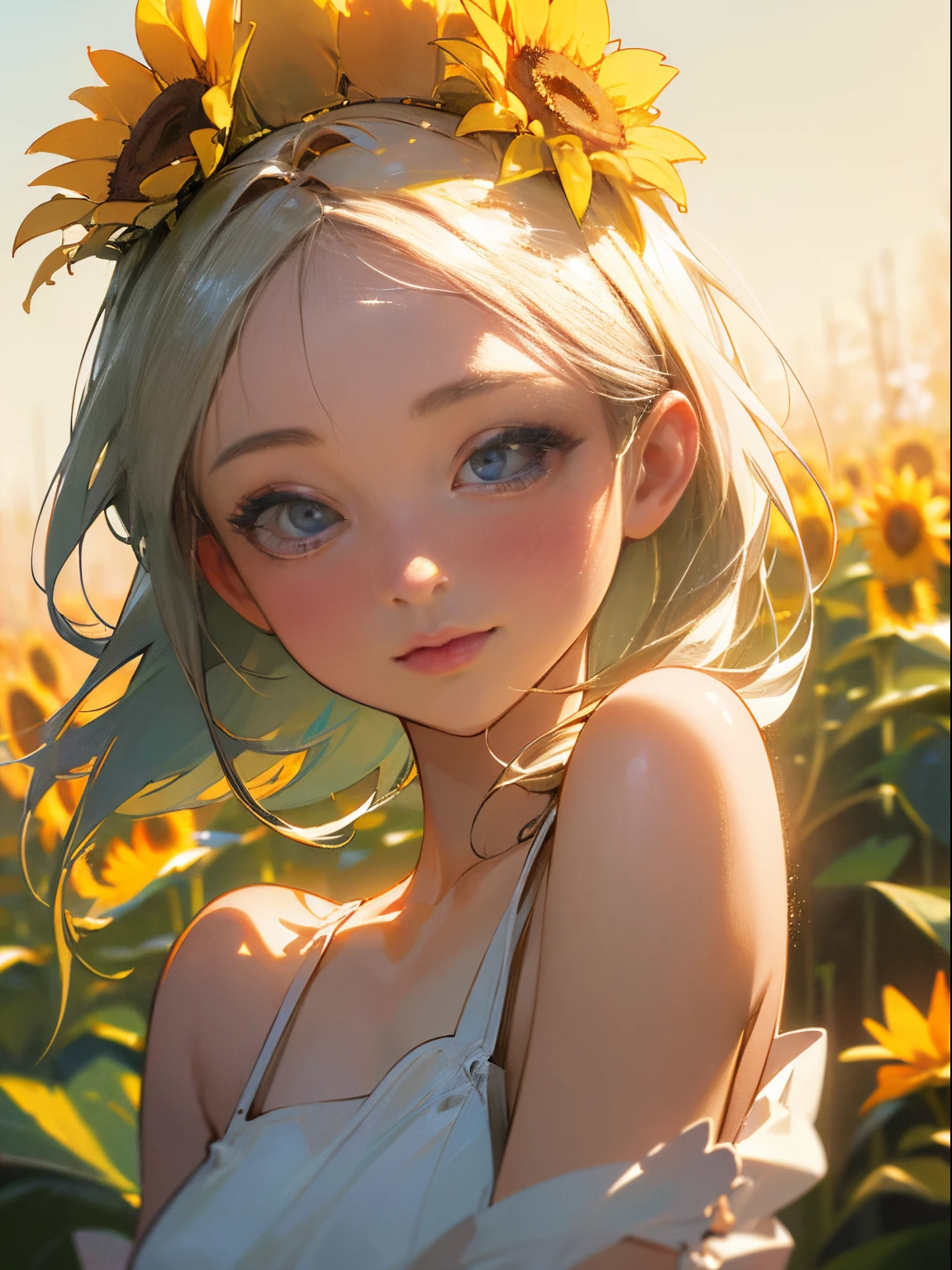 (best quality,masterpiece,ultra-high resolution:1.2), (photorealistic:1.4), (raw photo:1.1), 1girl, white dress, cropped shoulders, blossom sunflower field, glowing skin, light smile, beautiful detailed eyes, beautiful detailed lips, long eyelashes, golden sunlight, soft breeze, vibrant colors