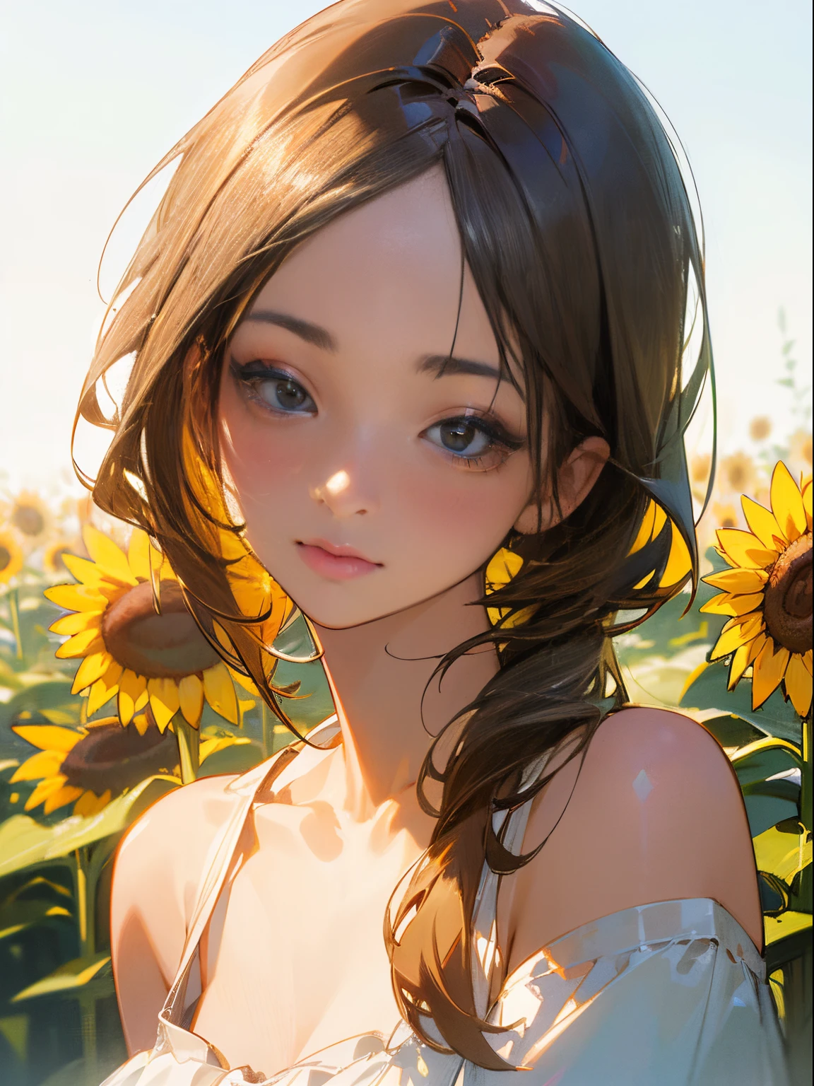 (best quality,masterpiece,ultra-high resolution:1.2), (photorealistic:1.4), (raw photo:1.1), 1girl, white dress, cropped shoulders, blossom sunflower field, glowing skin, light smile, beautiful detailed eyes, beautiful detailed lips, long eyelashes, golden sunlight, soft breeze, vibrant colors