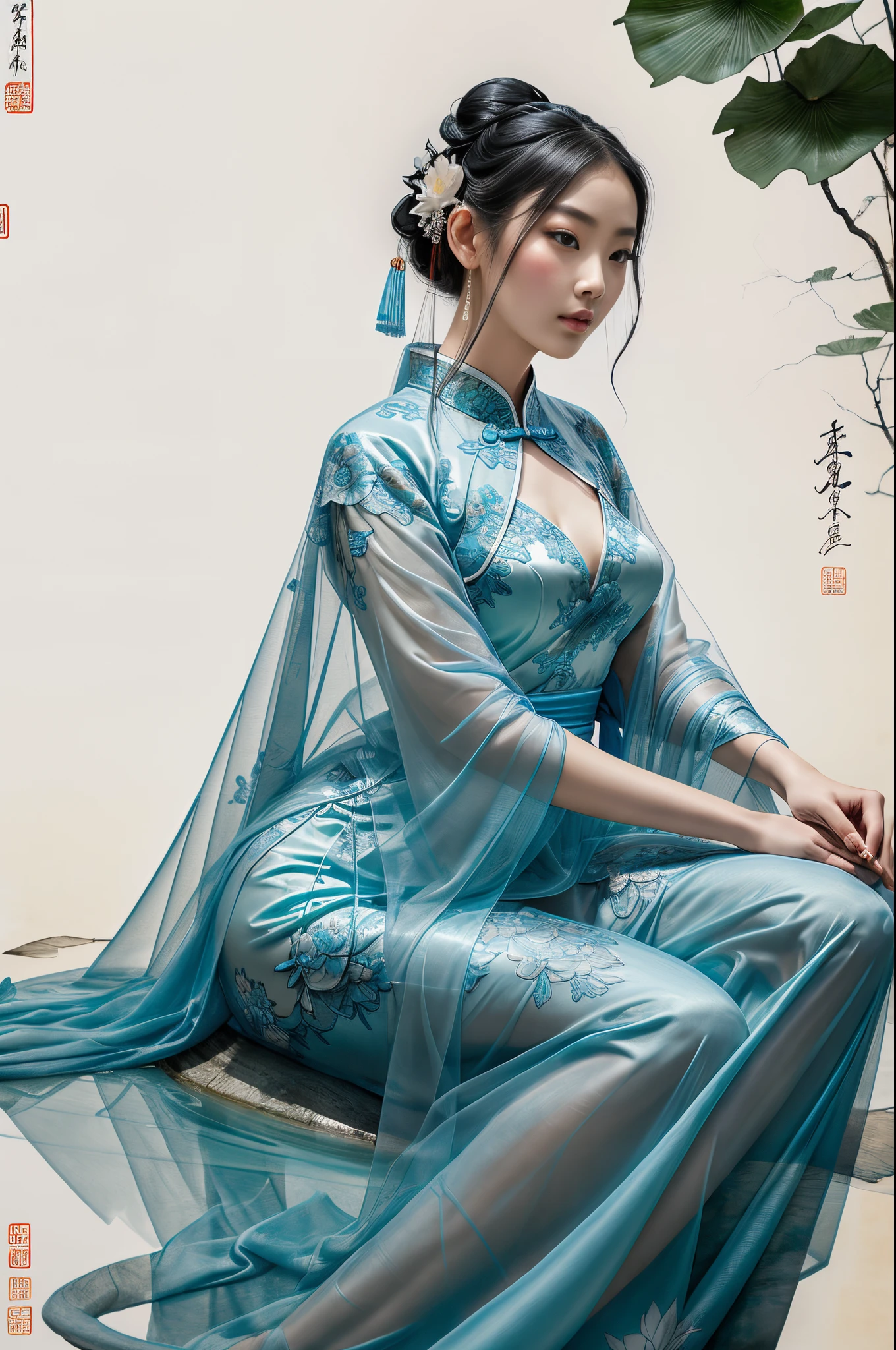 Ancient Chinese beauty sitting on stone, wearing ancient Chinese costume, flowing blue tulle, light silk, lazy pose, large lotus leaves, lotus flowers, ink painting style, clean colors, decisive cutting, white space, freehand, masterpiece, super detailed, epic composition, high quality, highest quality, 4k --v 6