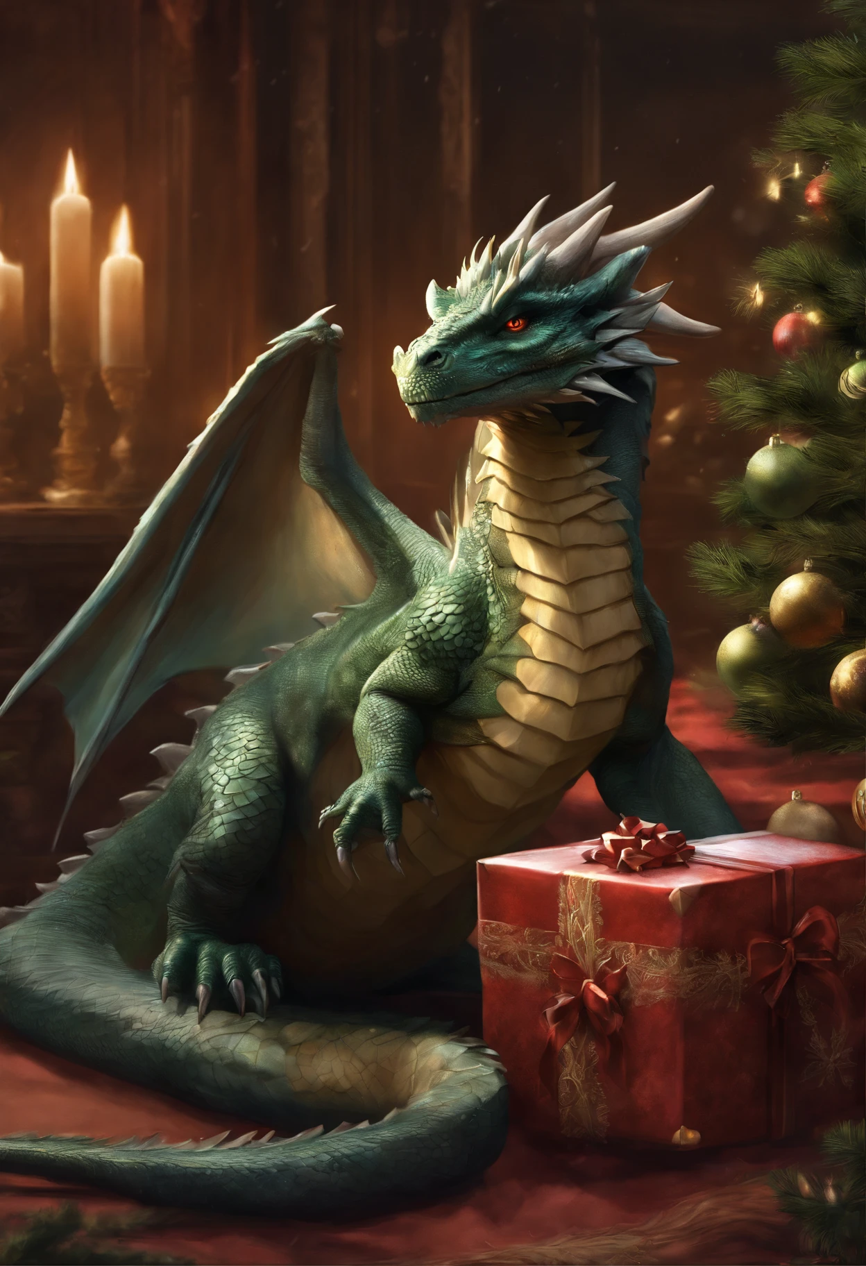 A dragon sits next to the Christmas tree, Frost Dragon, D&d Commission Art Dragon, Hyper realistic d & d Fantasy art, collectible card art, dragon art, anthro dragon art, Do Not Disturb Card Case, Tarragon Vore Art, fantasy card game art, The Art of Magic Cards, Anthropomorphic dragon, realistic fantasy illustration