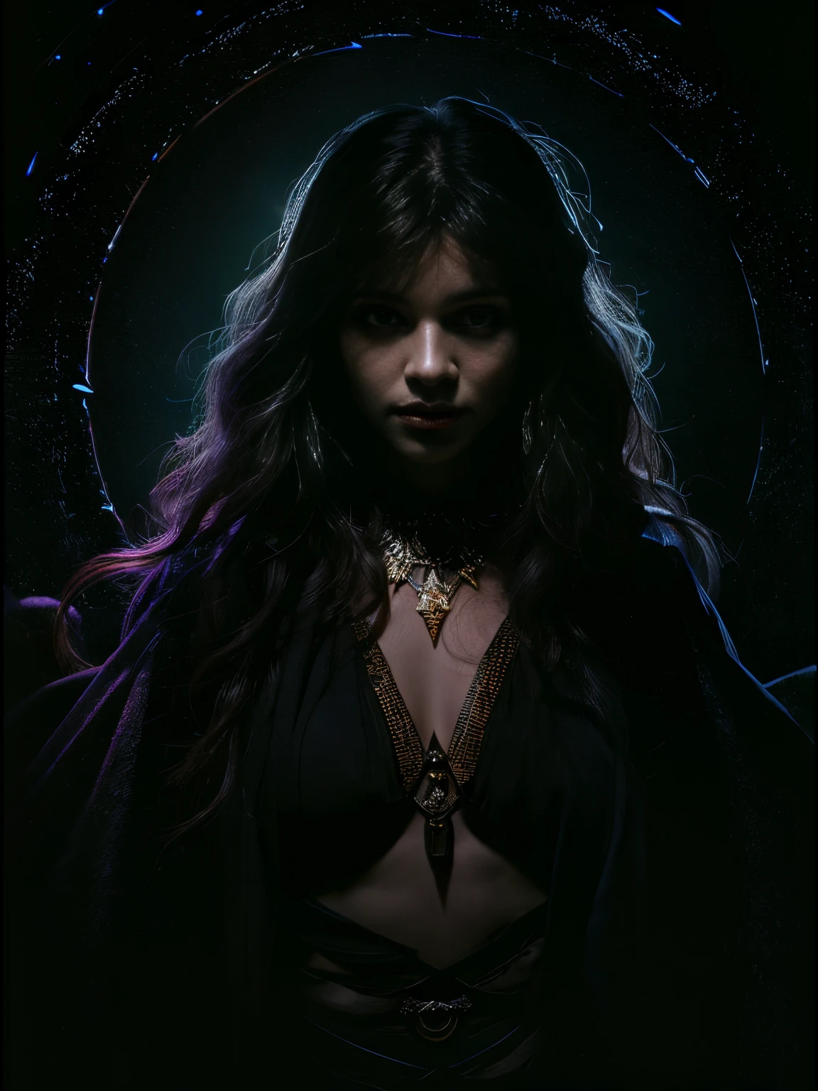 (Front Focus), (In the Dark:1.6), Hyperrealist portrait of female by david hockney and alphonse mucha, Fantasy Art, photographrealistic, Dynamic lighting, art stations, poster for, Volumetric lighting, extra detailed face, 4 k, awardwinning, 1girl in, In the Dark, deepshadow, lowkey, Cowboy Shot, (Sexy Outfit), Long hair,