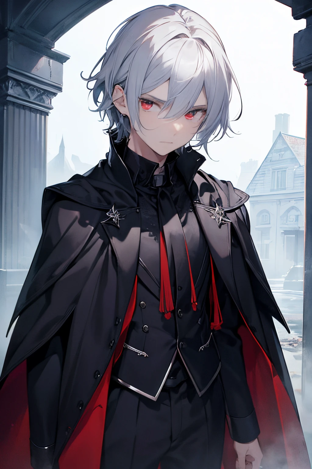 (Best Quality,hight resolution,Ultra-detailed,Realistic:1.2),A boy with white hair and dark red eyes, Highly detailed, emits a dark aura, Looks like a half demon, Standing in a mysterious landscape of darkness and shadows, dressed in a black cloak. The boy's face is a mixture of determination and darkness., With sharp features and a sharp gaze. The background is filled with eerie fog、A faint glimpse of an eerie symbol. Dim lighting、It emphasizes the boy's fantastical presence.。.