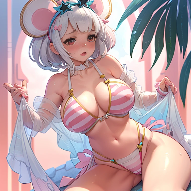 1 girl,Lori,Petite,huge-breasted,pointed breast,cleavage,underboob,sideboob barbosa,(blush),((embarrassed)),Wet,Open legs,(((Clothes lift))),(see through),(((white))),(((White and pink horizontal striped micro bikini swimsuit))),((((Lower breast))))((Erect nipples))huge nipples