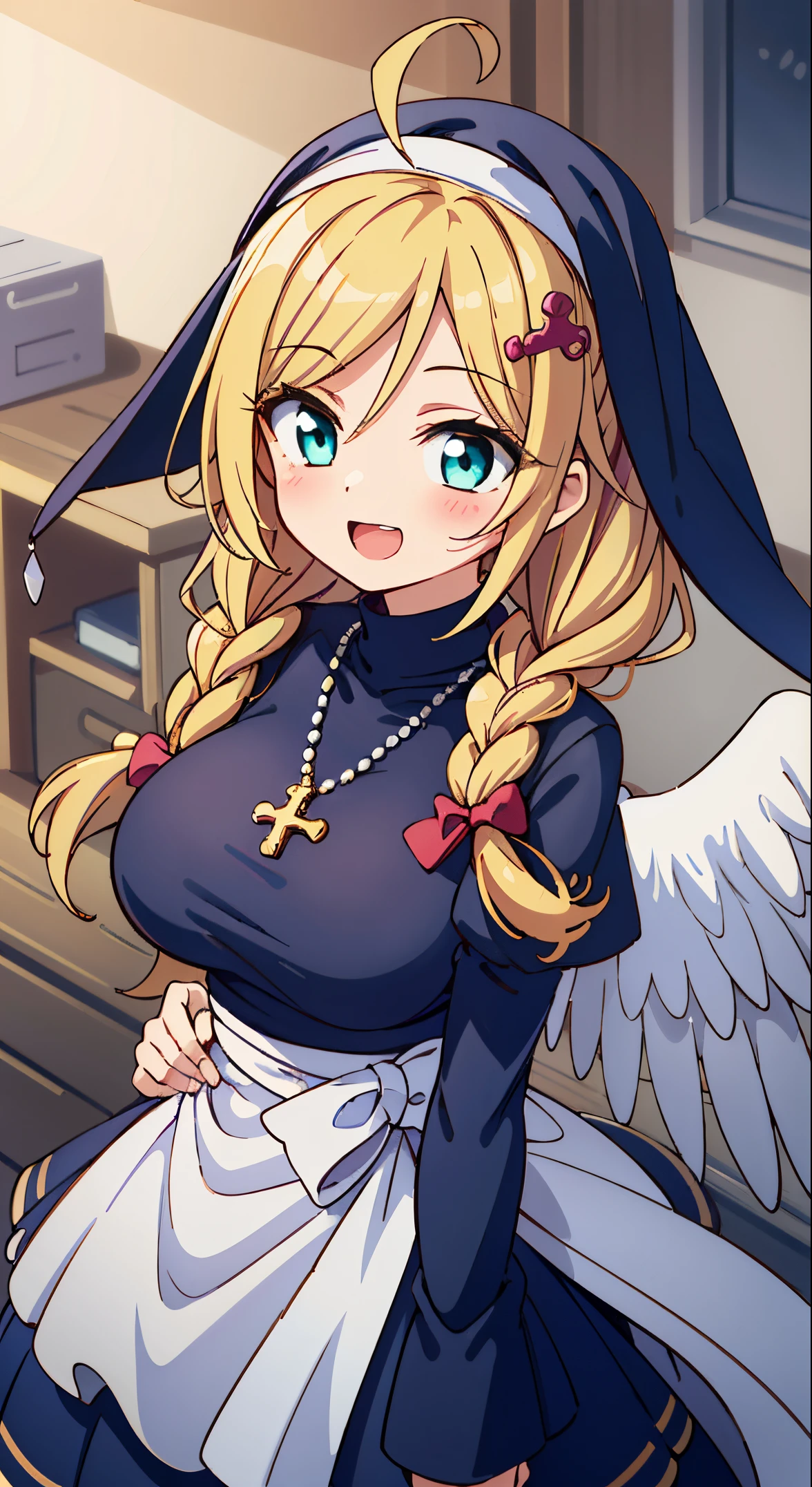 (masutepiece, Transparent air, Transparent eyes,Best Quality, Perfect Anatomy, High quality:1.4), absurderes, absolutely resolution, unbelievable Ridiculous, hight resolution, ultra-detailliert, Official art, Unity 8k壁纸, Kinetic typography,nice hand, Perfect hands, Detailed beautiful hands, Large_filesize, fulcolor, hight resolution, symmetric, exceptional, Best aesthetic, newest, Anime, very beautiful detailed body,The hair,faces,The eye, BREAK, 1 beautiful girl, girl with, (Cute:1.5),(Chibi:0.5),(kawaii:2.0),(Lori:2.0),(12 year old girl),(large full breasts:1.65),(Ahoge,Twin braids,Blonde hair, blue bow, Green eyes,eyebrows visible through hair,side locks,Parted bangs,Long hair, Hair Flower, Hair Ornament, Big ribbon in the hair, Curly hair,Bow:1.4),:el,White feathers, one white winged, Angel wings,Spread wings, Glowing wings),pitt \(Kid Icarus\),gleaming skin, Clear skin, shining beautiful skin, Open mouth,Smile, Solo, tusk, Upper teeth,(long eyelashes, Double eyelids:1.2),Solo,gleaming skin, Clear skin, Beautiful skin,(best quality face),(Top quality glowing eyes),(The best smile,Doya face:1.45), Traditional Nun Costume,
Full-length black habit with wide sleeves,
White wimple and coif to cover the head,
Optional black veil that drapes over the shoulders,
BREAK
Comfortable black shoes, such as flats or low-heeled shoes,
Black tights or stockings for a cohesive look,
BREAK
Rosary beads to be held or worn around the waist,
A cross necklace as a symbolic accessory,
BREAK
Simple, natural makeup with a focus on a calm and serene appearance,
Hair tucked neatly under the wimple or coif, From above ,depth of fields,
BREAK,wakame,wakame,wakame,(Cowboy Shot:1.4),
BREAK,(Blurry background:1.3),(absurderes, hight resolution, Super Detail Art),cel shading,Clear Color, Lonely optical effect, Beautiful pictures, Bright glow, mystic atmosphere,(Close-up of girl:1.1), Mystical light particle effect,manga influence, clean line drawings,