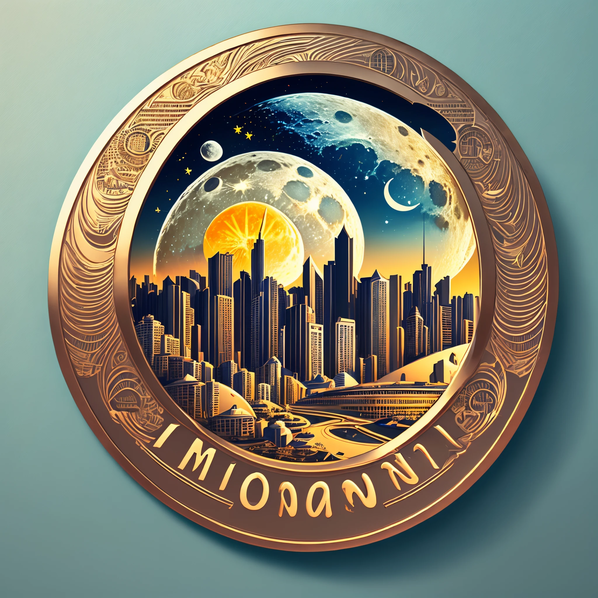 Round city badge,moon pattern,hi-tech style, icon design, up front view, There is moon city logo,There must be the words Moon City